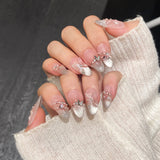 10Pcs Handmade Press On Nails Full Cover Shiny Butterfly Rhinestone Cat Eye French Ballet False Nails Wearable Manicure Nail Tip