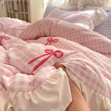 2025 Princess Bedding Set Lace Bow Pink Plaid 4pcs Bedding for Spring Quilt Cover Sheet And Pillowcase Soft Romantic For Girls