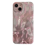 Korea Laser 3D Pink Bow Beads Phone Case for iPhone 16 15 14 13 16 Pro Max Floral Shell Girl Clear Soft Silicone Back Cover