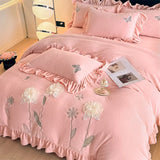 Flowers Embroidery Ruffles Thickened Soft Warm Velvet Bedding Set Queen King Size Plush Duvet Cover Set Bed Sheet Pillowcases