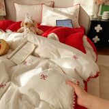 Ins Cream Style Bedding Set Red Embroidery Bow Triangular Needle Stitching Double-layer Yarn Soft Comfortable Bedroom Decoration