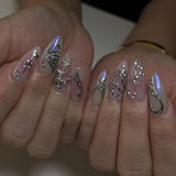 24pcs Glossy 3D Silver Butterfly Design Press on Nails Almond Metallic Aurora Purple False Nail with Glue Full Cover Wearable