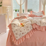 Fashion Flower Bedding Set Bed Sheet Cute Princess AB Double Sided Ruffle Flower Quilt Cover Pillowcase Bedclothes Home Textiles