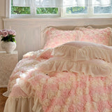 Three-Dimensional Rose Flowers Lace Ruffles Princess Wedding Bedding Set Warm Milk Velvet Duvet Cover Bed Sheet Pillowcases 4Pcs