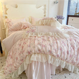 3/4Pcs Princess Style Pink Floral Print Lace Ruffle Boiled Cotton Bed Set Queen Size Double Bed Linen Full-Size For Room