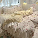 Floral print Korean style Princess Lace Bedding Set Duvet Cover Set Washed Cotton Flat Sheet set Queen For Girl Decor Home