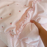 Korean Pink Gingham Bedding Sets With Cherry Cute Girls Striped Duvet Cover Wash Cotton Soft Bed Sheet Set Quilt Cover