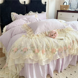 Princess Wedding Bedding Set Korean Style Lace Flowers Embroidery Duvet Cover Bed Sheet/Fitted Sheet/Bed Skirt Pillowcases 4Pcs
