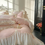 4Pcs Pink Chiffon Lace Princess Wedding Bedding Set Luxury 100% Cotton Duvet Cover Bed Sheet Or Quilted Bedspread Pillowcases