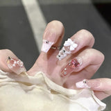 Handmade Press On Nails Ballet Ribbon Blush Fake Nails With Angel Diamond Decor French Tip Pink Gradient False Y2k Nails Long