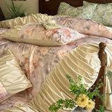 3/4Pcs Bedding Set Tencel Cotton Ice Silk French Vintage Pleated Style Luxury Duvet Cover Bed Linen 2 Bedroom With Elastic Band
