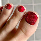 24pcs Red Foot Press on Nails Set Short Square Fake Nails with Glue Solid Color Press on Nails Shiny Cat Eye Foot Fake Toenail