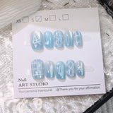 10 Pcs New Blue Dreamy Grid Press on Nails Cute Bowknot and Love Shape Cat's Eye Nail Patch Women Girls Detachable Fake Nails