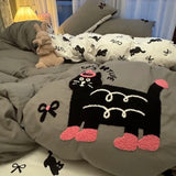 Korean Style Bedding Set Green Strip Black Cat Embroidery Washed Cotton  Duvet Cover Cute Cardboard  Bed linen Comforter Sets