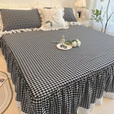 4/6Pcs Black&white Plaid 100% Cotton Bedding Set Romantic Lace Ruffles Washed Cotton Duvet Cover Bed Skirt Bedspread Pillowcases