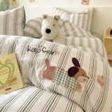 Cute Cartoon Embroidery Stripe Bedding Set Washed Cotton Soft Four Piece Sets Pillowcase Duvet Cover Set 200x230cm Home Textiles