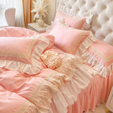4/6Pcs Pink 100% Cotton Korean Princess Style Bedding Sets Butterfly Lace Ruffles Duvet Cover Set Bedspread Bed Skirt Pillowcase