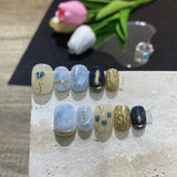 10pc Detachable Short Press on Nails Halo Dyeing Pink False Nail with 3D Flower Glitter Design Full Over Fake Nail Tip with Glue