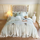 4Pcs Romantic Lace Ruffles Removable Bow Princess Wedding Bedding Sets Warm Milk Velvet Duvet Cover Bed Sheet Set Pillowcases