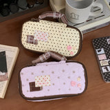 Quilted Pencil Case with Star and Polka Dot Appliques, Heart-Shaped Buttons, Large Capacity Student Stationery Bag, Dual-Use Mak