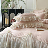 Pink Egyptian Cotton Princess Bedding Sets Luxury Chiffon Lace Embroidery Ruffles Duvet Cover Bed Sheet Pillowcases