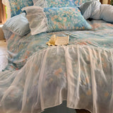 4Pcs French Princess Style Tencel Cotton Ice Silk Summer Cooling Comforter Set Blue Print Ruffle Bedding Set 1.5M Bedspread