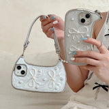 3D Bow Pearl Handbag Hand Strap Phone Case For iPhone 16 15 14 13 12 11 Pro X XR XS Max Soft Shockproof Cover