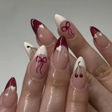 24pcs Pink Almond False Nail Art Datachable Cute Cherry Bow Design Nails Sets Press on Mid-length French Fake Nails Tip Finished