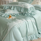 Pink Flowers Embroidery Ruffles Princess Wedding Bedding Set 1000TC Egyptian Cotton Duvet Cover Flat/Fitted Sheet Pillowcases