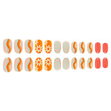 Short Oval Press on Nails Summer Fake Nails Orange Nails Press ons with Wave Flower Design Acrylic Artificial Glue on Nails