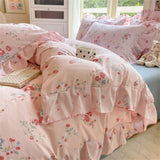 Flower Skin-friendly Washed Cotton Bedding Set Duvet Cover Set Korean Lace Ruffles Quilt Cover Soft Cover Bed Linen Pillowcases