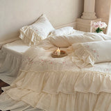 Soft Washed Cotton Bedding Sets Luxury Flowers Embroidery White Princess Duvet Cover Bed Sheet Pillowcases Home Textiles