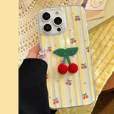 Korean Striped Glitter 3D Cherry Soft Phone Case With Lanyard For iPhone 16 15 14 12 13 11 Pro Max Shockproof Protective Cover