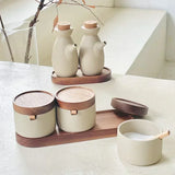Ceramic Seasoning Jar Retro Japanese Style Home Kitchen Salt Chili Sugar Jar Oil Pot Wooden Lid Spice Kitchen Utensils Modern