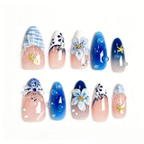 10pcs Blue Gradient French Almond Shaped False Nails 3D Flowers Shell Bubble Design  Press on Nails Wearable False Nails Tips