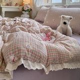 Korean Style Girly Heart Floral Double Layer Gauze Four-Piece Set Princess Style Lace Trim Quilt Cover Bed Sheet Dormitory