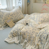 Floral print Korean style Princess Lace Bedding Set Duvet Cover Set Washed Cotton Flat Sheet set Queen For Girl Decor Home