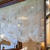 French White Romantic Butterfly Flower Lace Wavy Half Curtain with Beaded Ruffle Design Small Curtain for Kitchen Window, Study