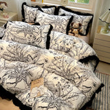 Korean Black White Hepburn Style Bedding Sets Ultra Soft Breathable Duvet Cover Set with Black Lace Fitted Sheet Set for Adults
