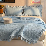 Princess Style Pink Quilted Ruffles Quilt Blanket Bedspread Washed Solid Color Korean Princess Style Summer Thin Quilt 3Pc