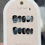 10pcs Cat Eye Handmade Press on Nails Glitter French False Nails Full Cover Flower Pattern Short Coffin Wearable Manicure Nail