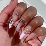 24Pcs Y2K Almond Press on Nails 3D Pink Flowers Stick on Nails Polka Dot Nail Sweet Cool Leopard Print False Nails Metal Nail