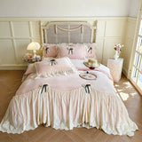 4Pcs Romantic Lace Ruffles Removable Bow Princess Wedding Bedding Sets Warm Milk Velvet Duvet Cover Bed Sheet Set Pillowcases