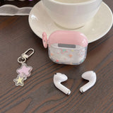 Korean Cute Colorful Stars Transparent Earphone Case with Stars Pendant and Pink Ring Cover for AirPods 1 2 3 4 Pro Pro2