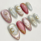 24Pcs Short Oval Pink False Nail Tips Summer Lovely Golden Flowers Retro Gradients Wearable Almond Manicure Full Cover Press Ons