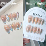 10Pcs Shiny Handmade Press on Nails Full Cover Rhinestone Cat's Eye Design False Nails Almond Wearable Manicure Nail Tips Art
