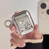 Luxury Electroplated Silver Earphone Box For Apple Airpods Pro Case for AirPods 4 4th 1 2 3 Cover Simple bow Keyring Shell