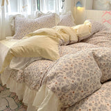 Floral print Korean style Princess Lace Bedding Set Duvet Cover Set Washed Cotton Flat Sheet set Queen For Girl Decor Home