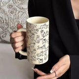 Ikeehome  ‌Simple Line Drawing Cat Pattern Coffee Mug - Large Capacity Ceramic Cup Gift for Couples Office Use Cartoon Breakfast