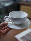 Ins Ceramic Handgrip Coffee Cup Exquisite Afternoon Tea Cup Dish 2Pcs Set French Style Household White Relief Drinkware